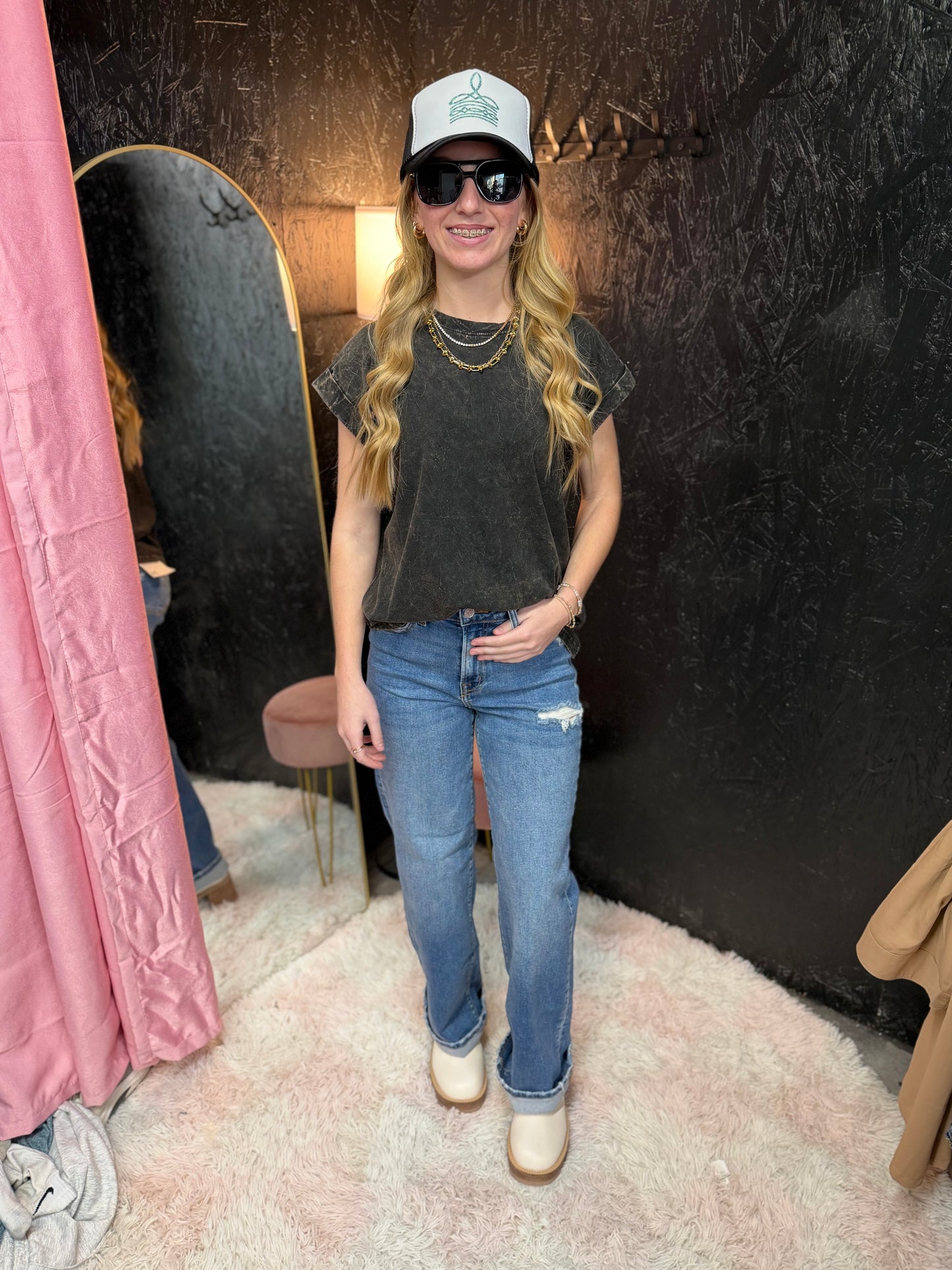 Crinkle Washed Round Neck Folded Short Sleeve Tee