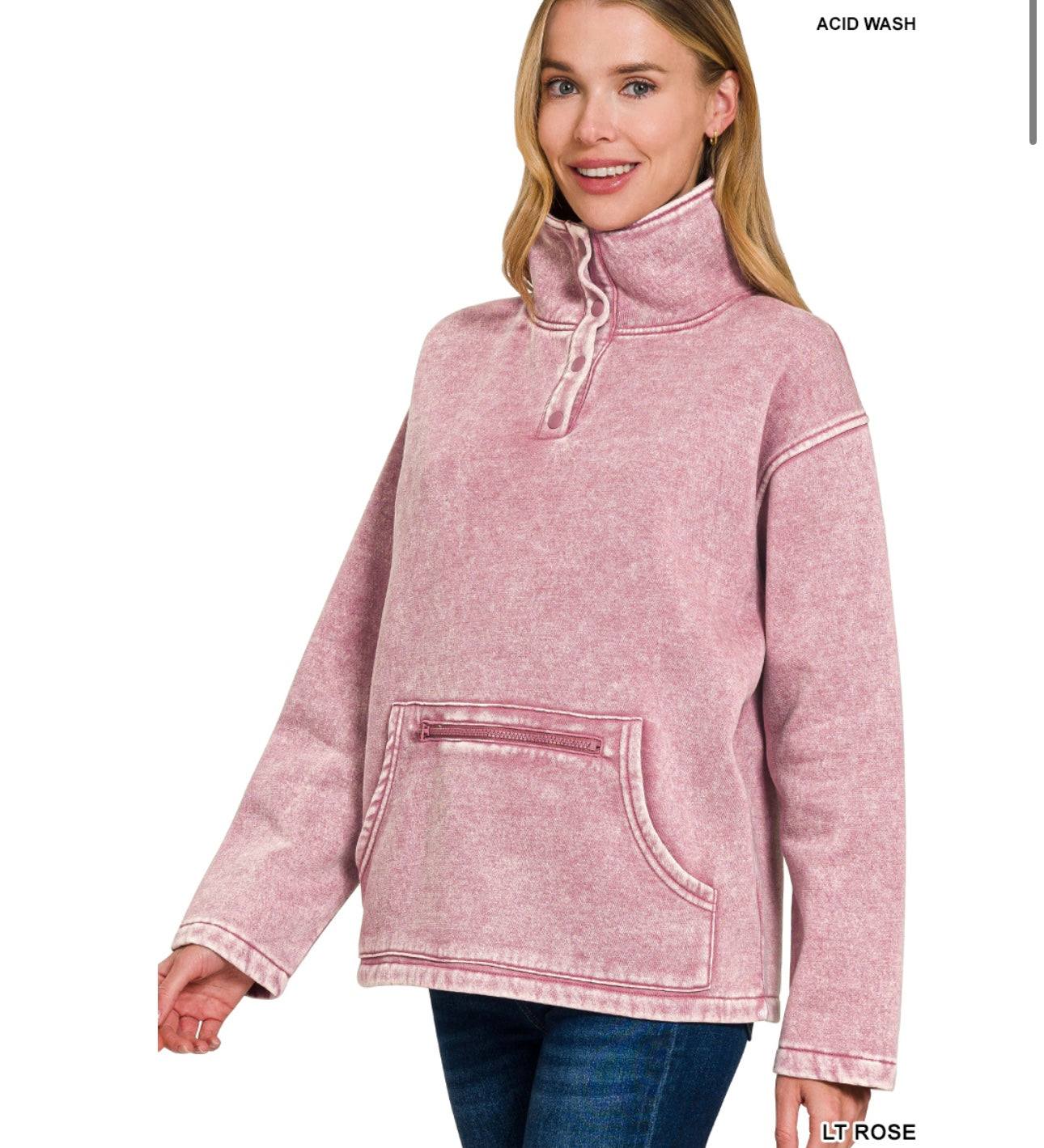 Zenana Fleece Washed High Neck Kangaroo Pocket Pullover