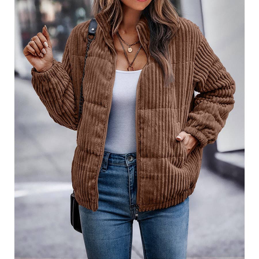 Fuzzy Pocket Zipper Strip Coat Jacket