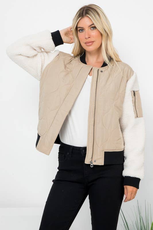 Quilted Bomber With Sherpa Sleeves