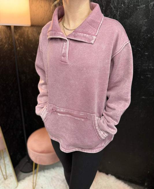 Zenana Fleece Washed High Neck Kangaroo Pocket Pullover