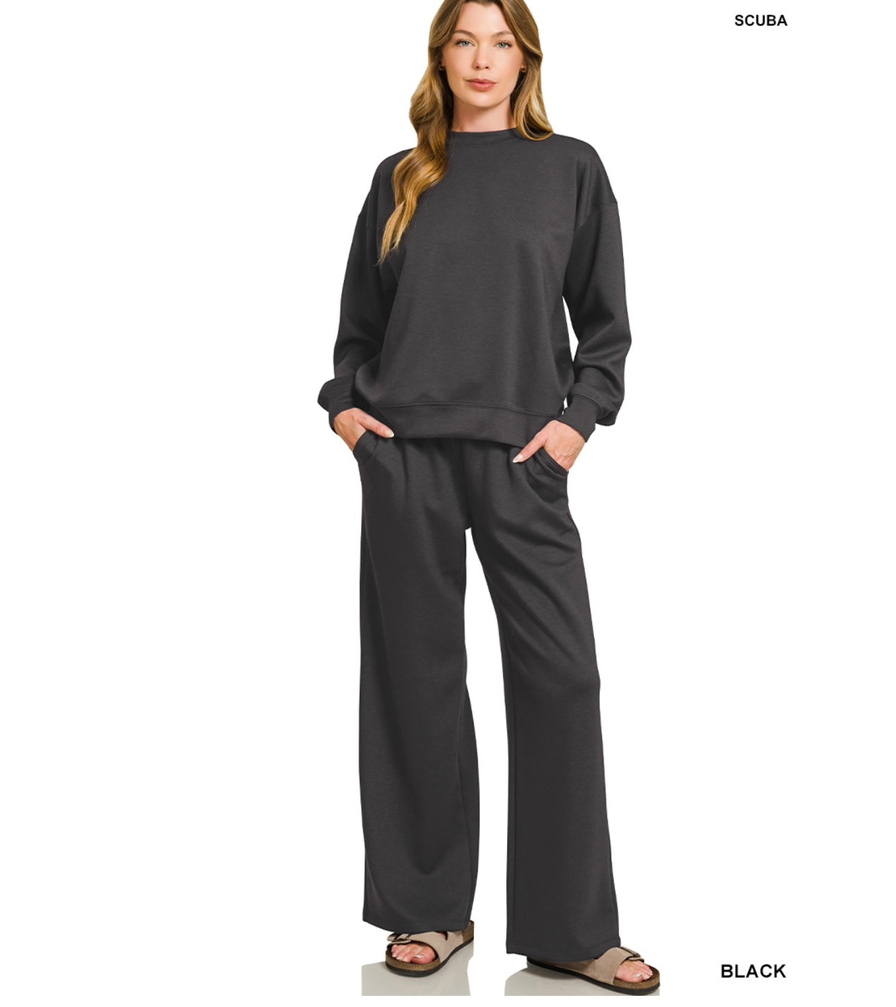 Zenana Scuba crewneck pullover & pants set