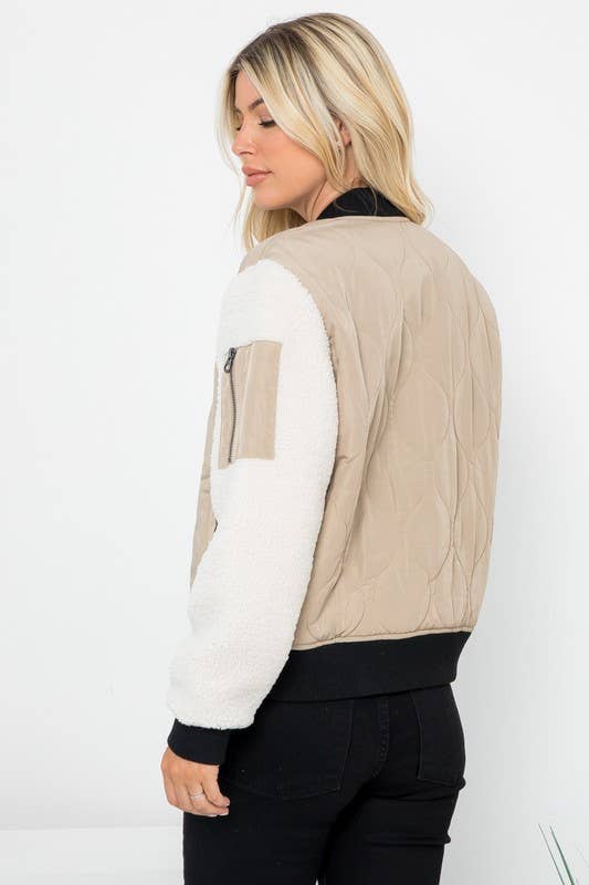 Quilted Bomber With Sherpa Sleeves