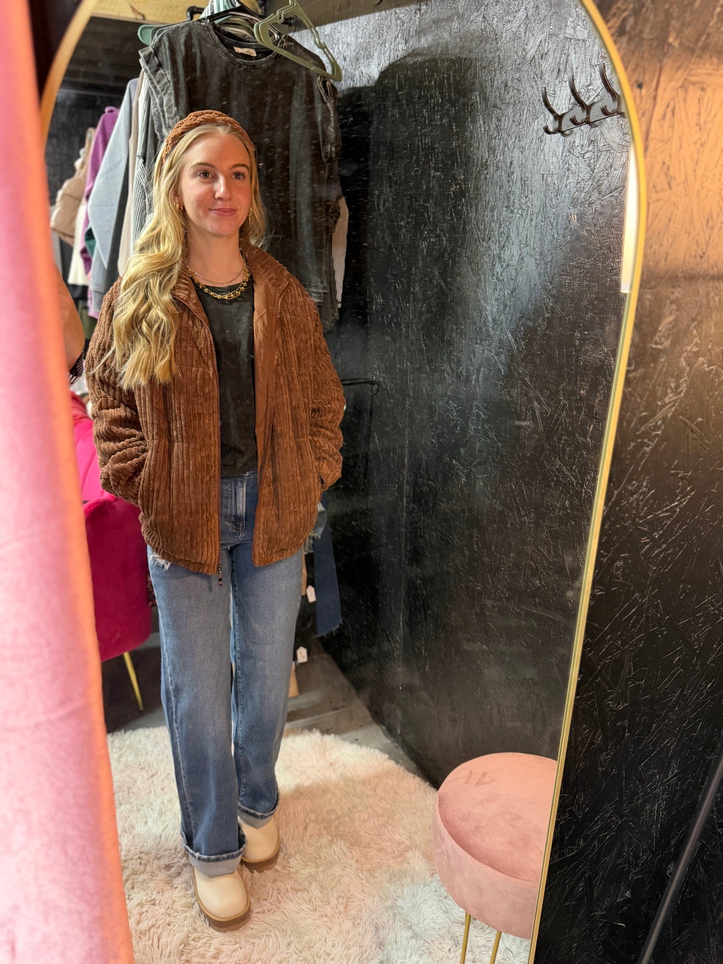 Fuzzy Pocket Zipper Strip Coat Jacket