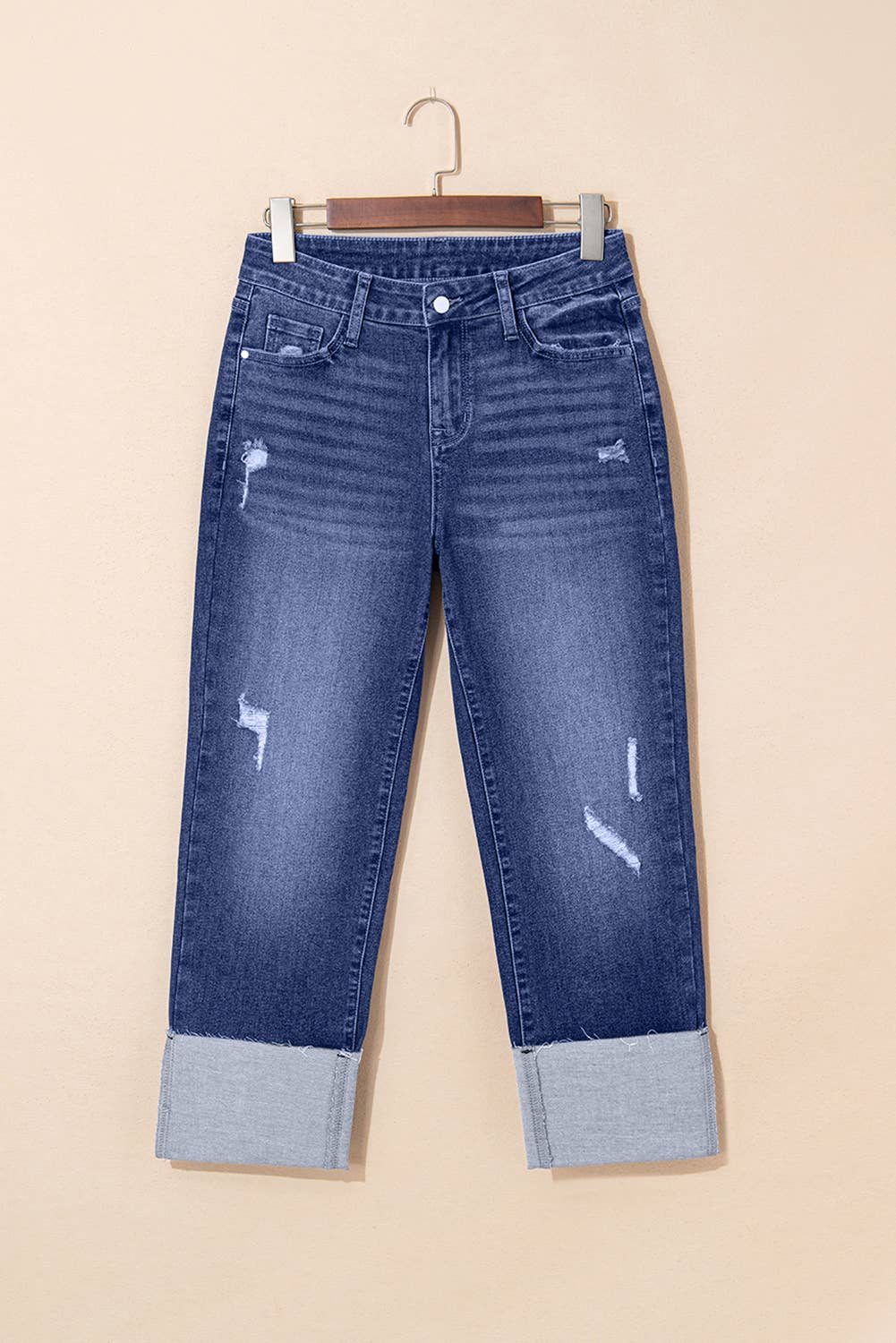 LAS Folded Cuffs Distressed Straight High Waist Jeans (4-16)