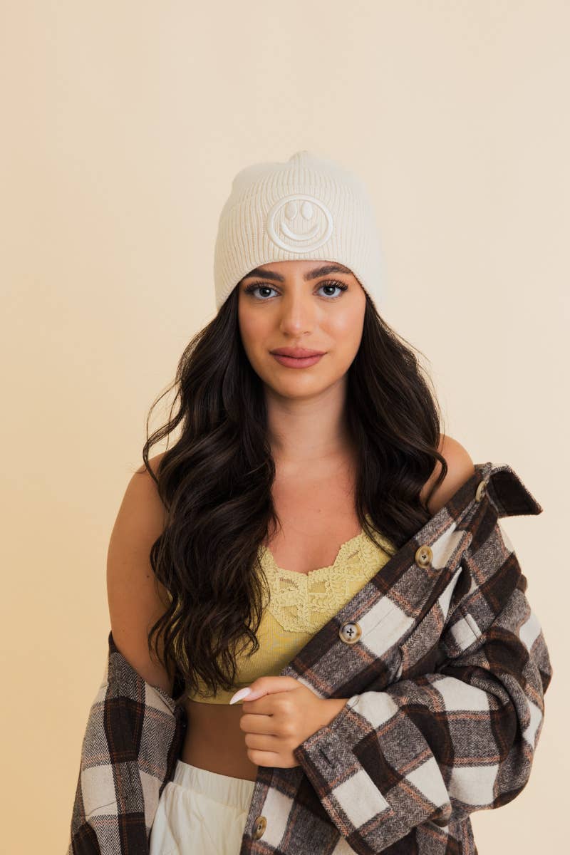 Smiley Face Embroidered Ribbed Knit Beanie
