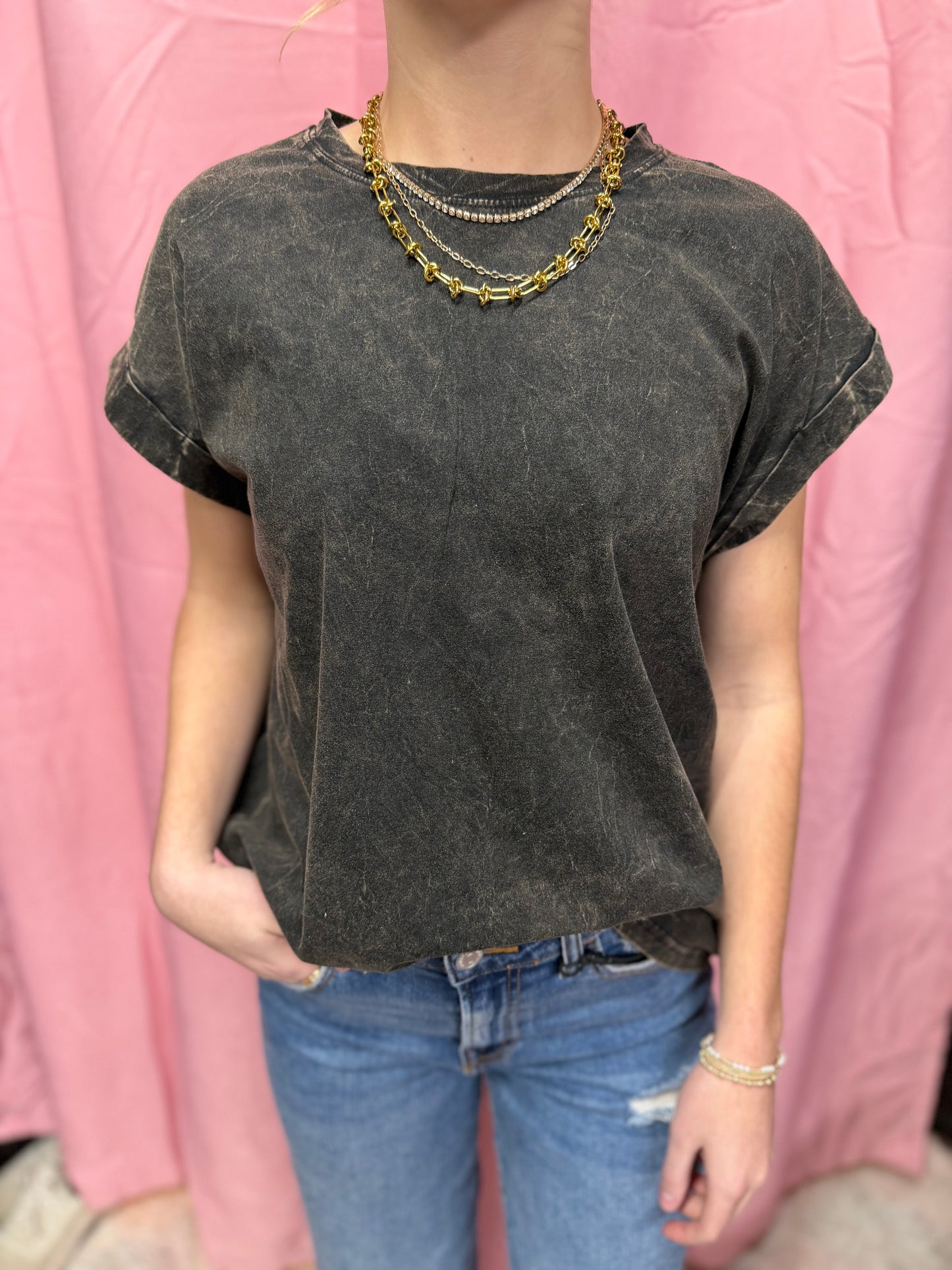Crinkle Washed Round Neck Folded Short Sleeve Tee