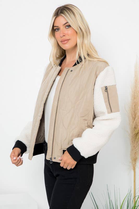 Quilted Bomber With Sherpa Sleeves