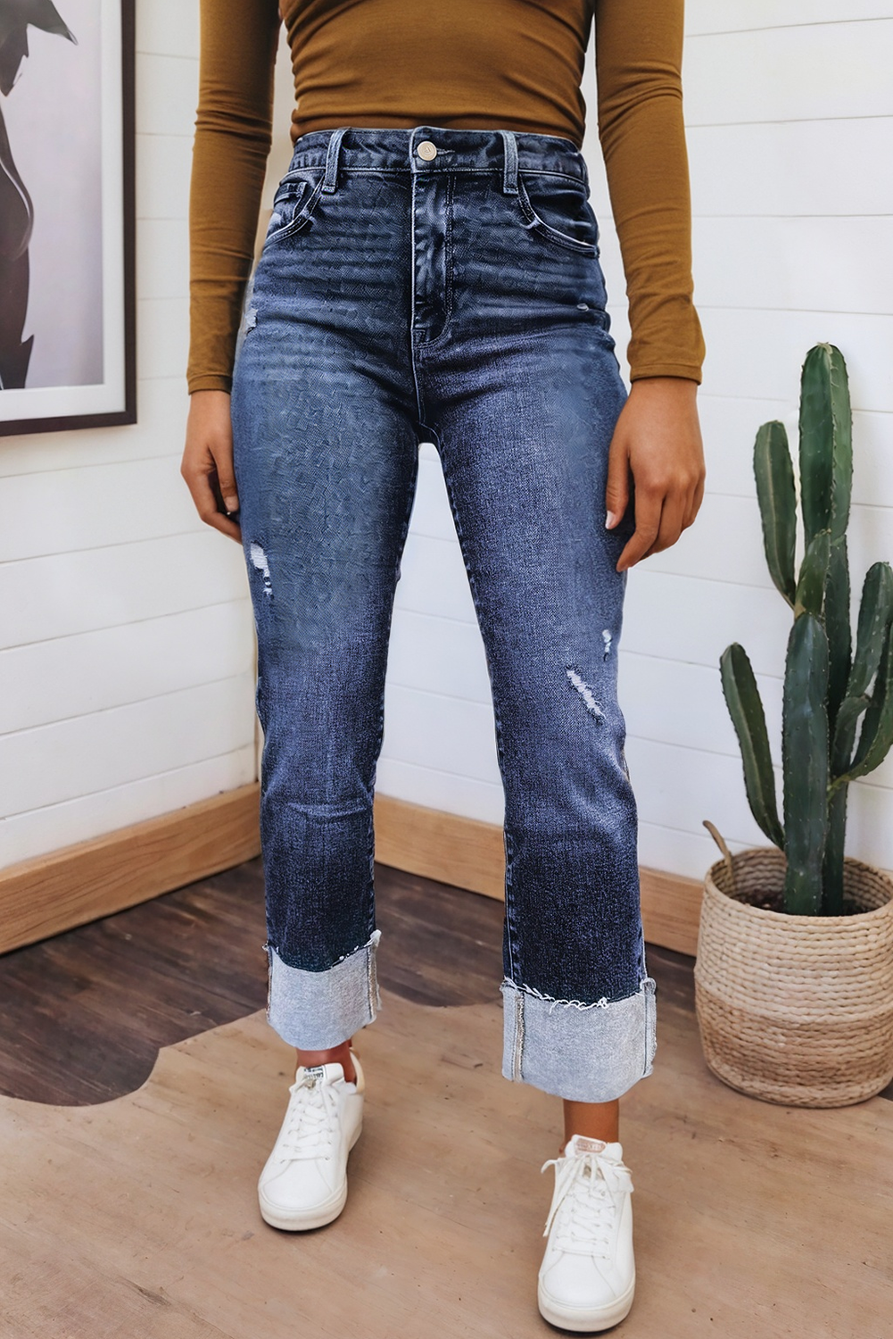 LAS Folded Cuffs Distressed Straight High Waist Jeans (4-16)