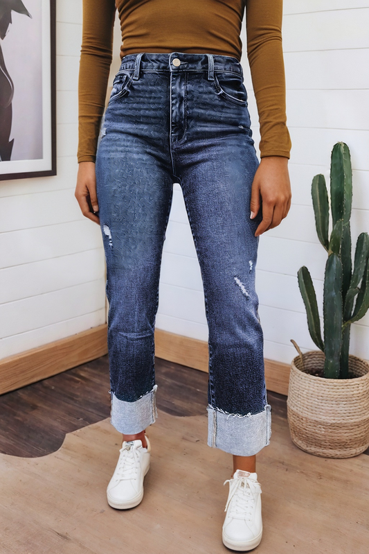 LAS Folded Cuffs Distressed Straight High Waist Jeans (4-16)