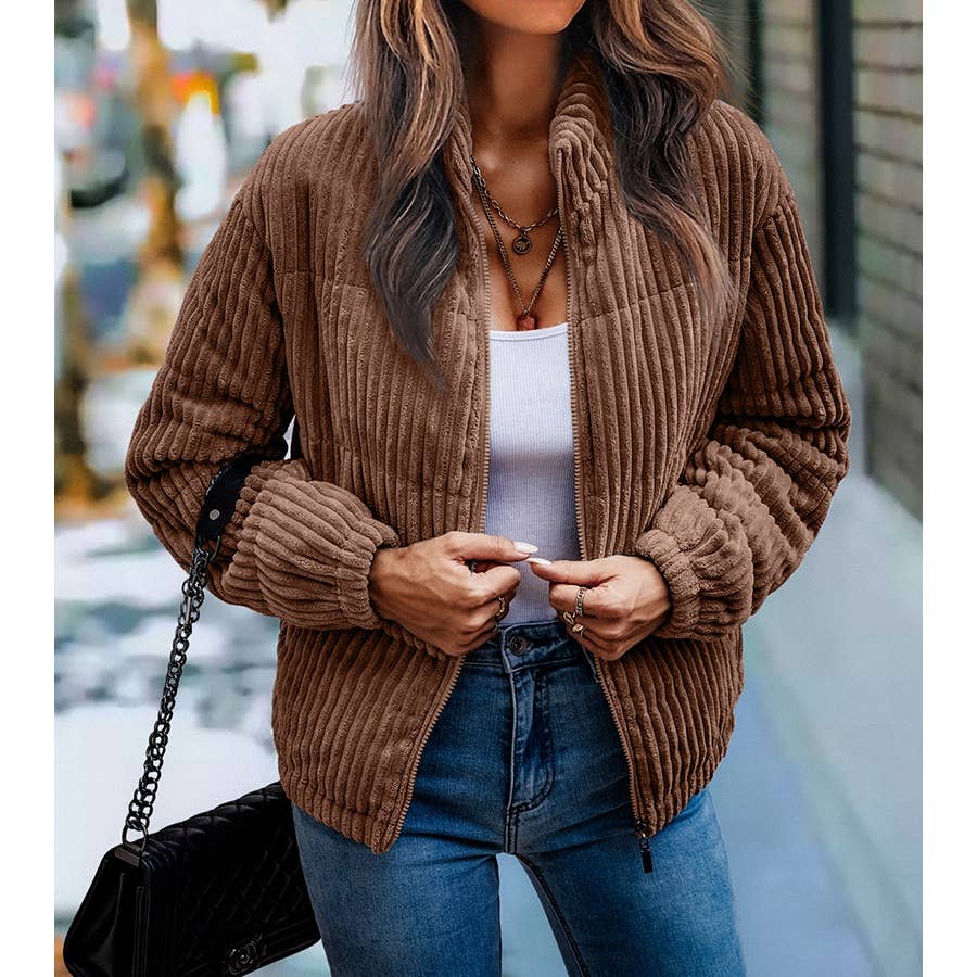 Fuzzy Pocket Zipper Strip Coat Jacket