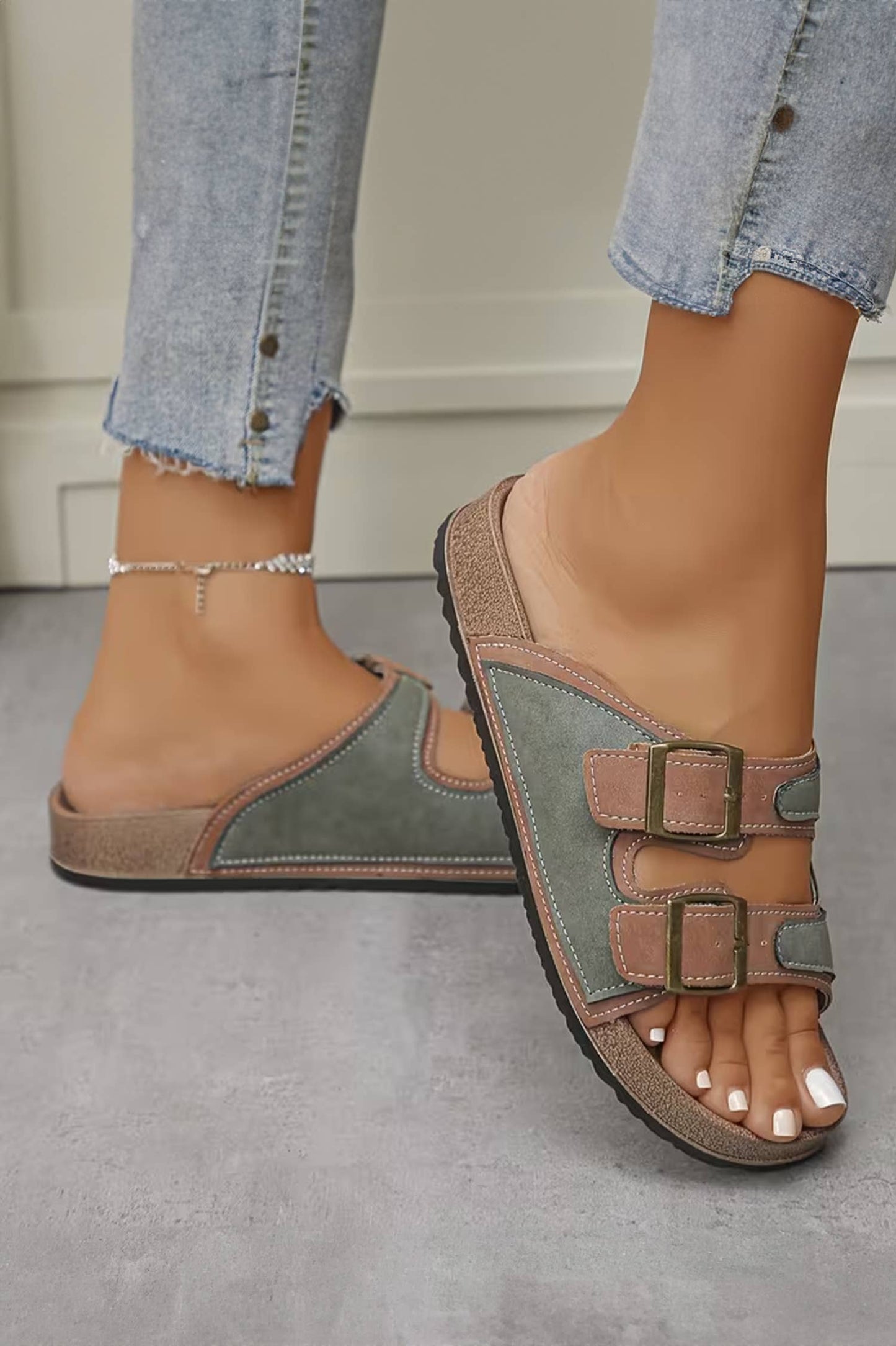 Embroidered Trim Retro Buckle Faux Suede Slippers