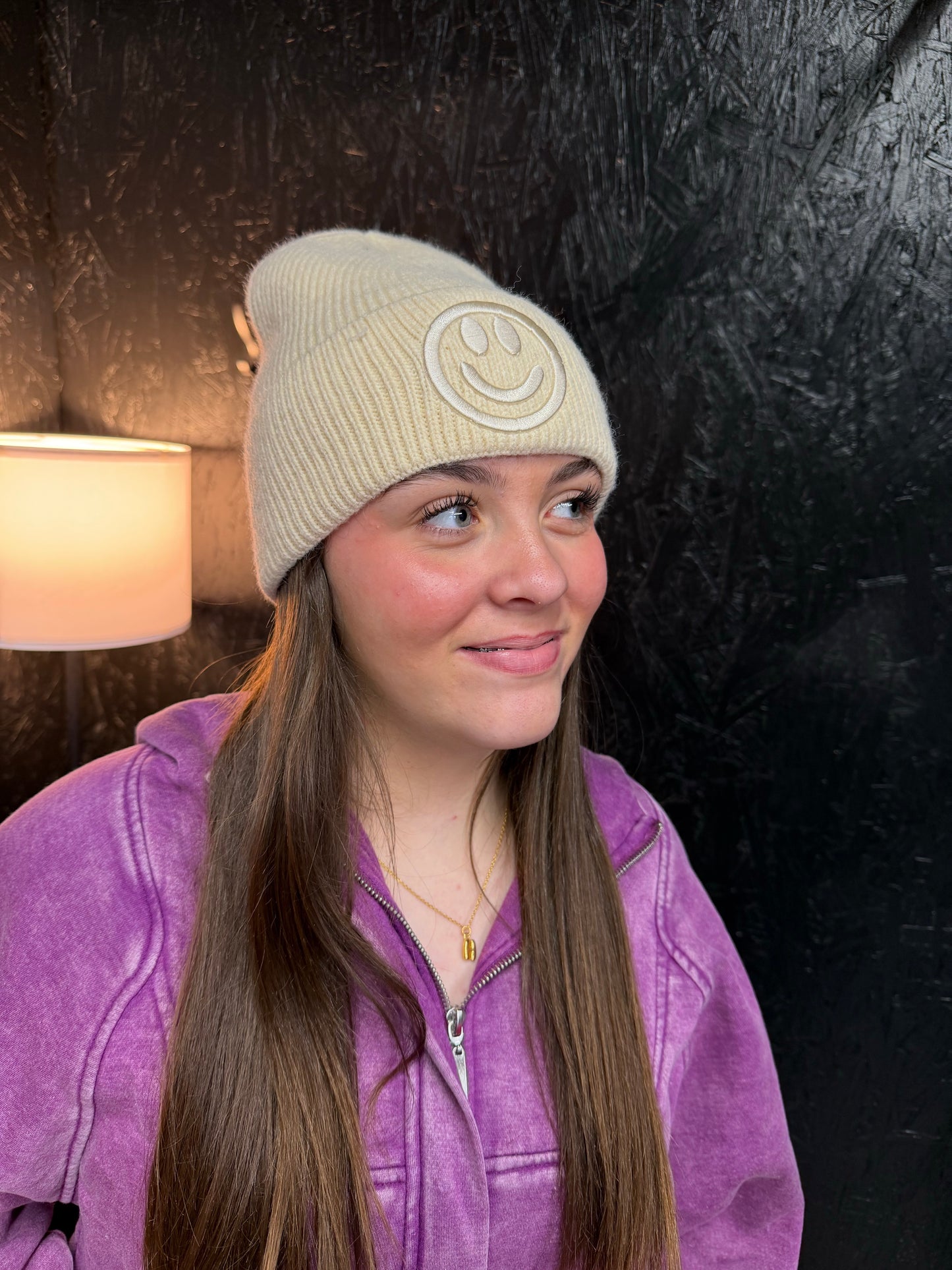 Smiley Face Embroidered Ribbed Knit Beanie