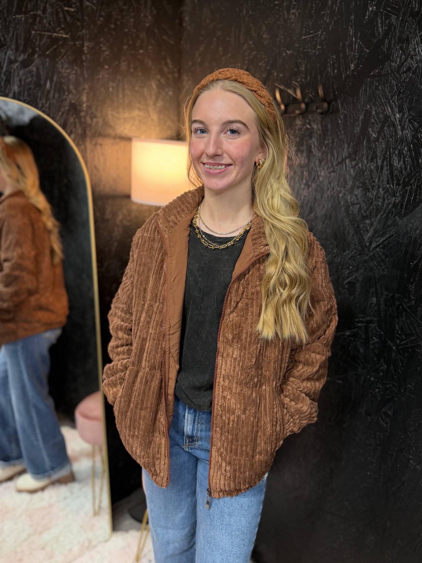 Fuzzy Pocket Zipper Strip Coat Jacket