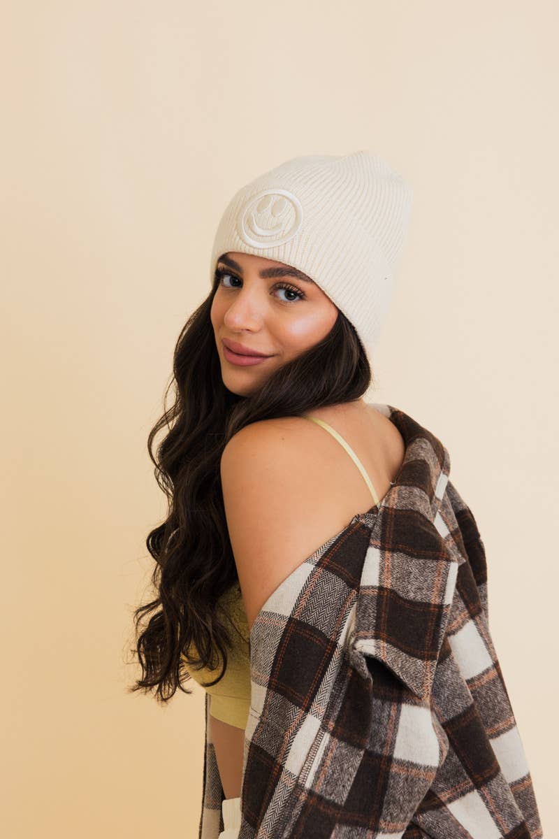 Smiley Face Embroidered Ribbed Knit Beanie