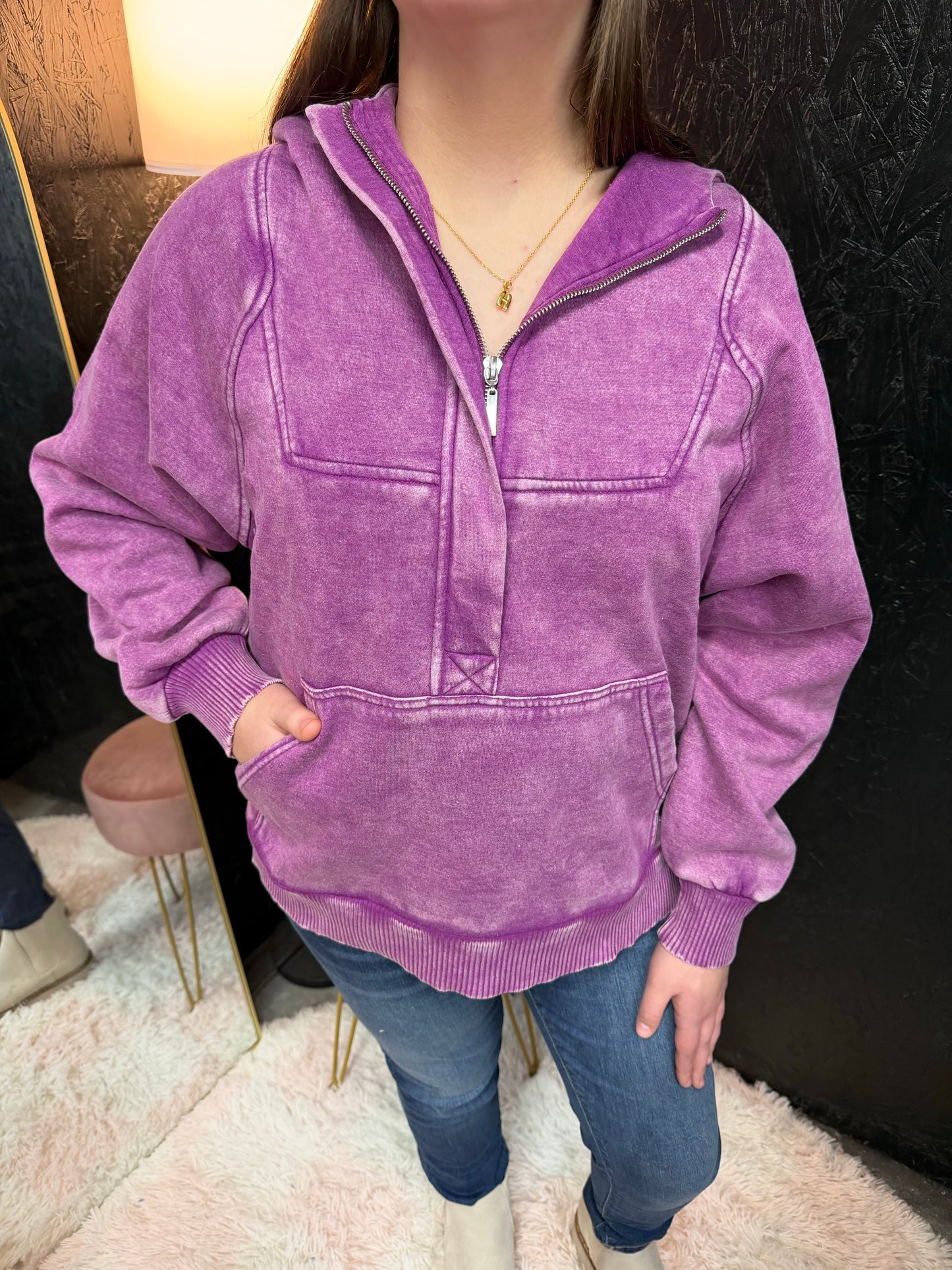 Zenana Acid Wash Oversized 1/4 Zip Kangaroo Hoodie