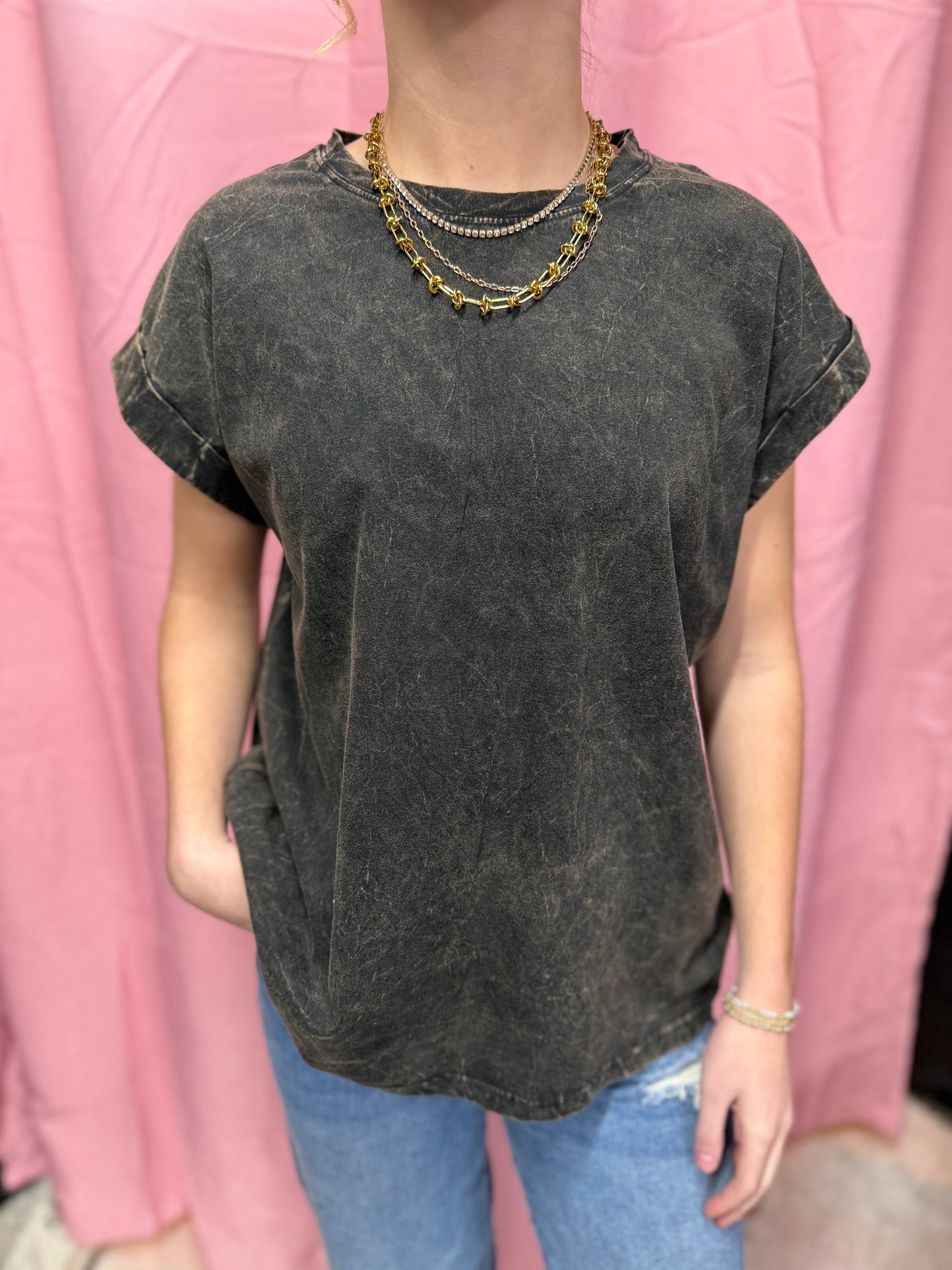 Crinkle Washed Round Neck Folded Short Sleeve Tee