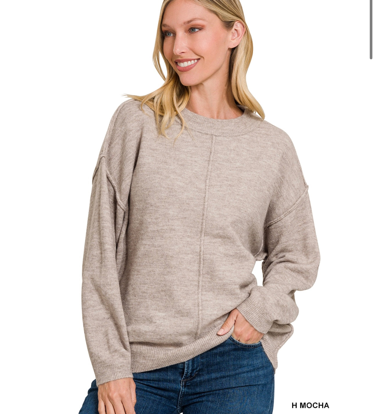Zenana Melange Front Seam Round-Neck Sweater