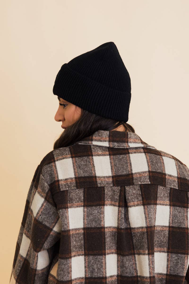 Smiley Face Embroidered Ribbed Knit Beanie