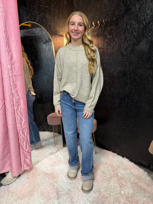 Zenana Melange Front Seam Round-Neck Sweater