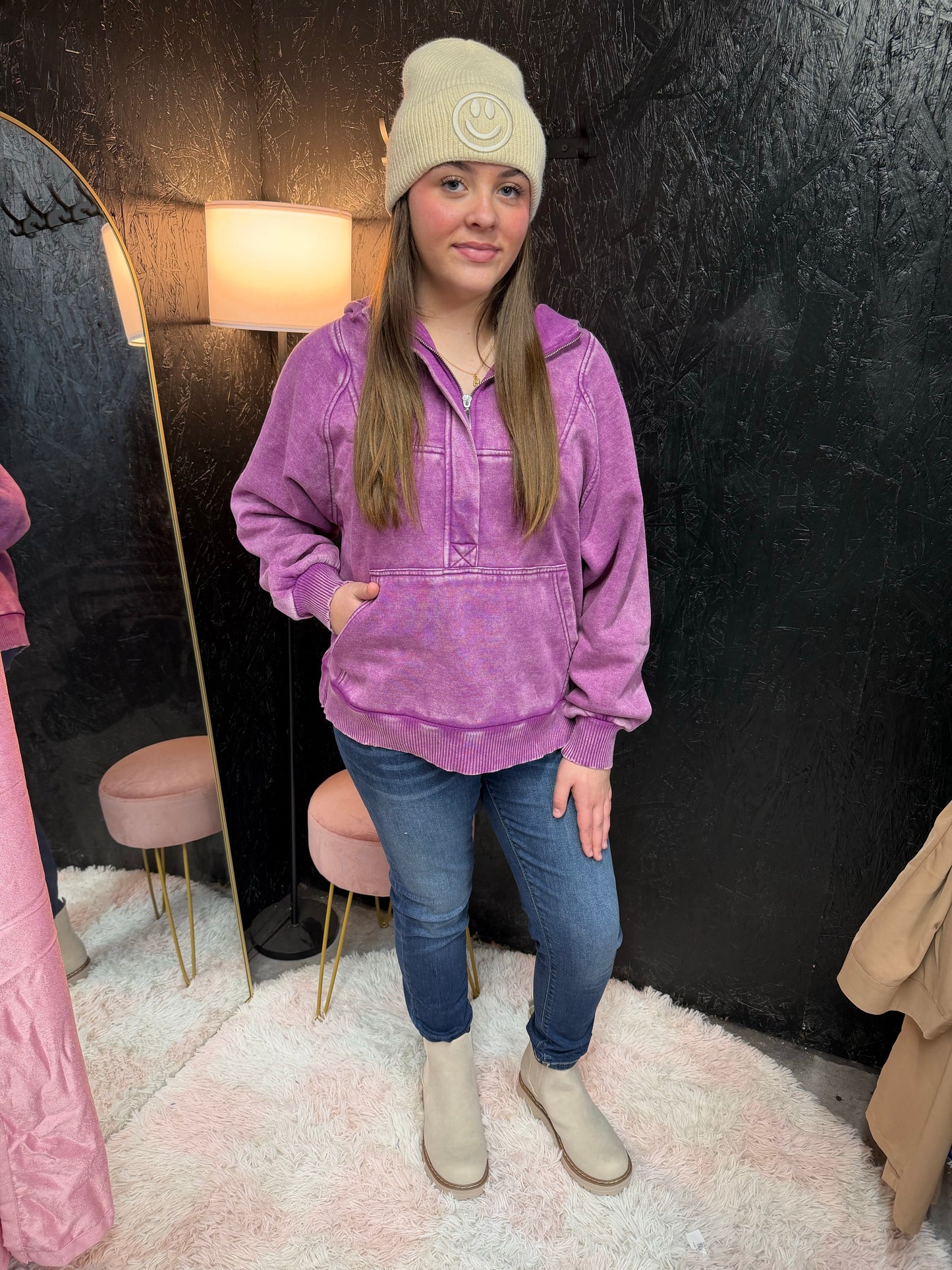 Zenana Acid Wash Oversized 1/4 Zip Kangaroo Hoodie