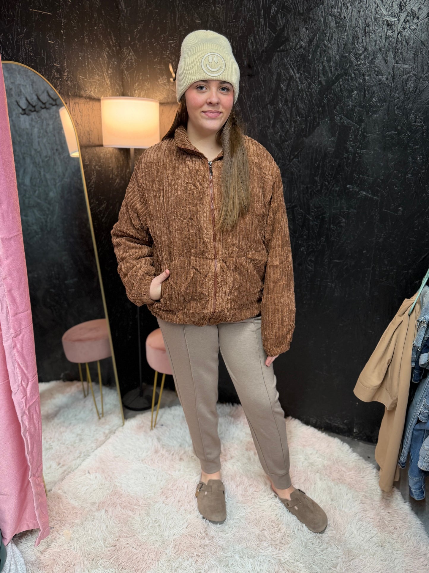 Fuzzy Pocket Zipper Strip Coat Jacket