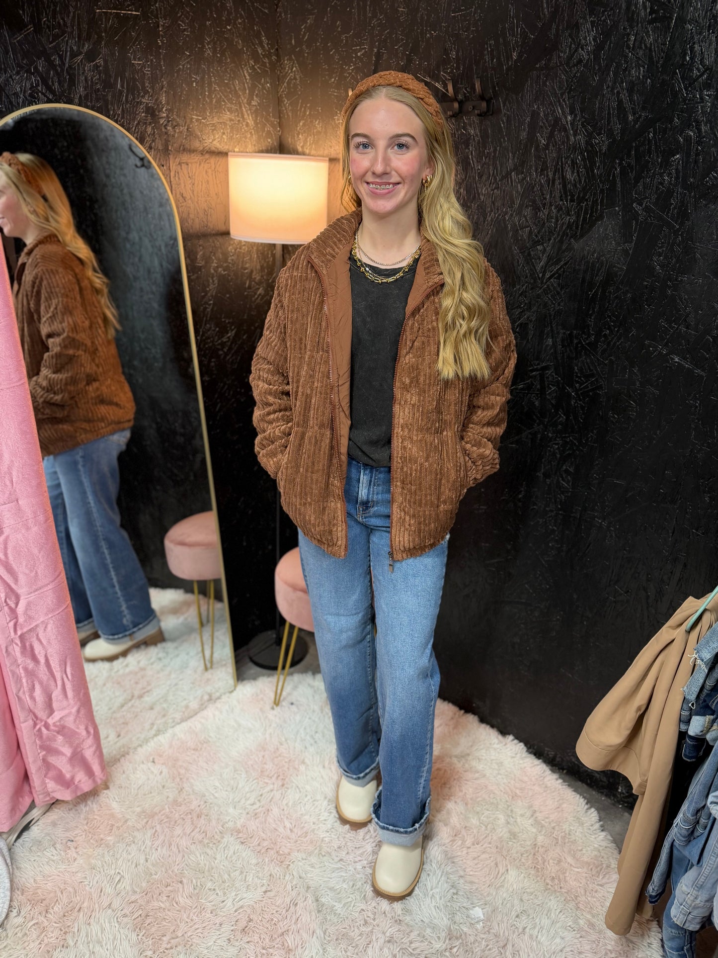 Fuzzy Pocket Zipper Strip Coat Jacket