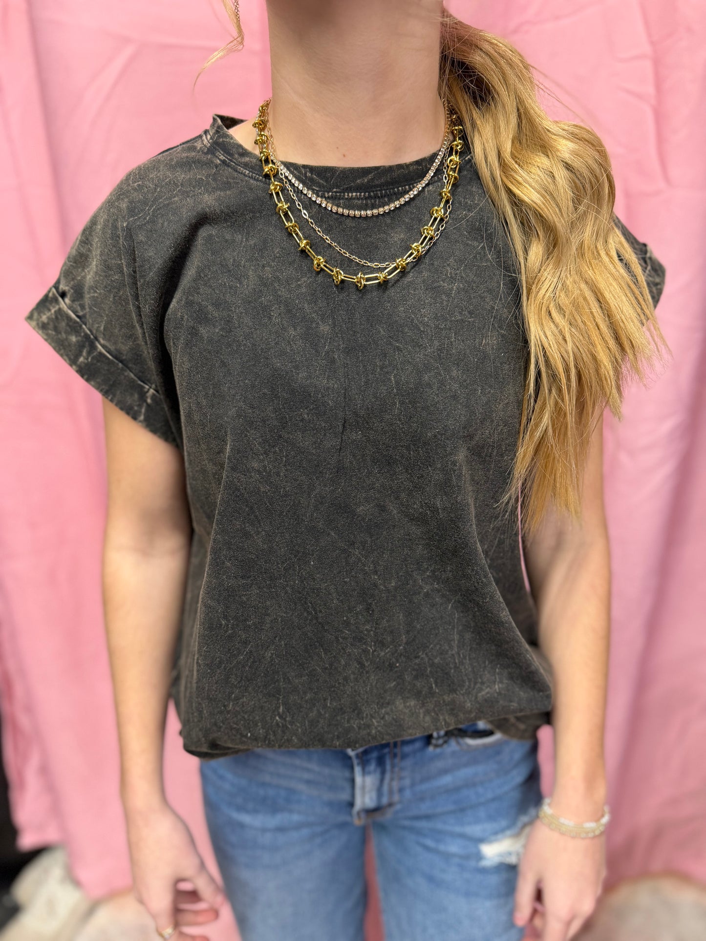 Crinkle Washed Round Neck Folded Short Sleeve Tee