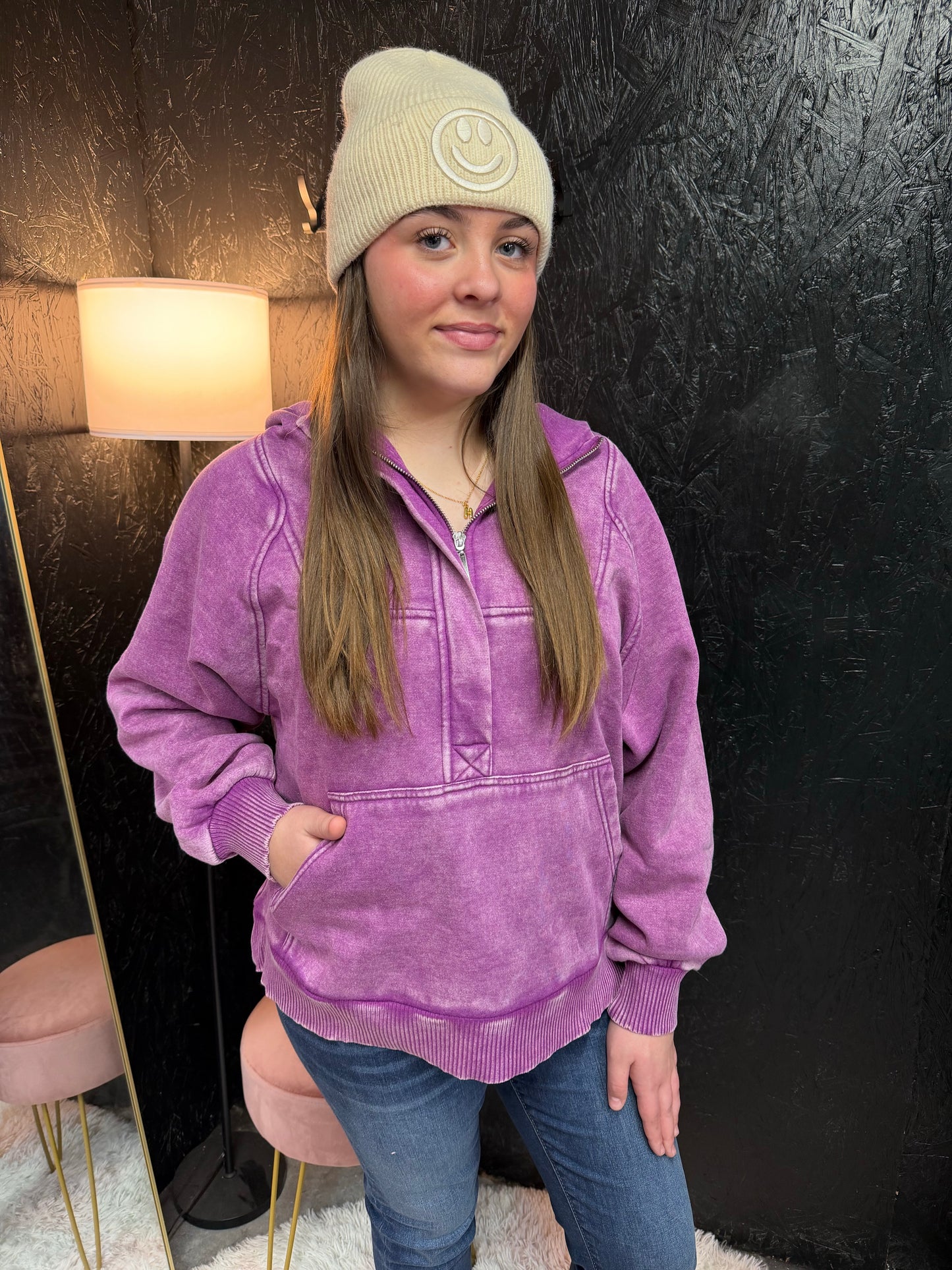 Smiley Face Embroidered Ribbed Knit Beanie