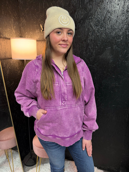 Zenana Acid Wash Oversized 1/4 Zip Kangaroo Hoodie