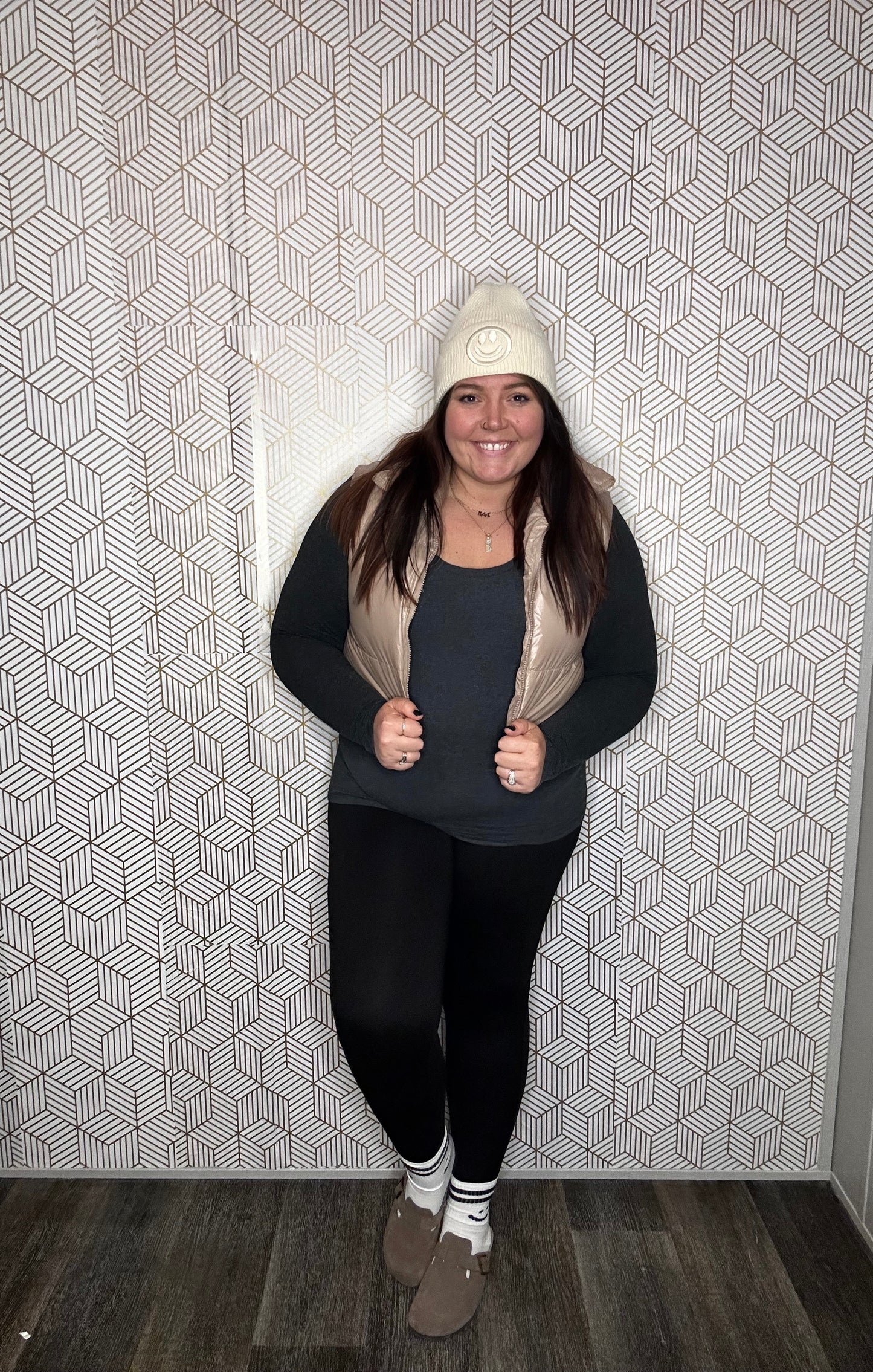 Smiley Face Embroidered Ribbed Knit Beanie