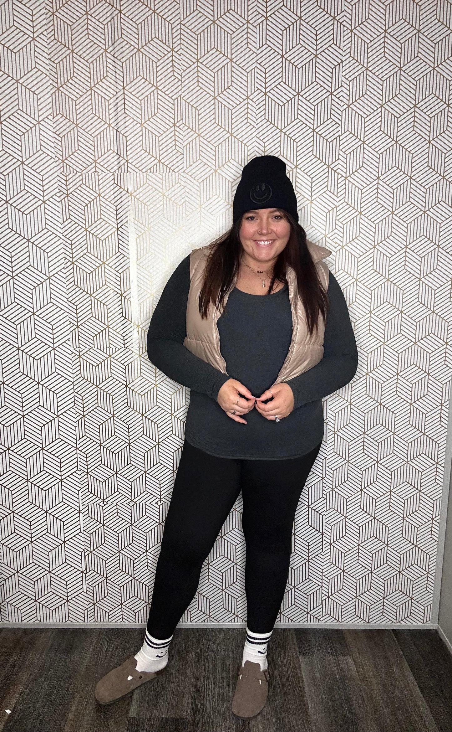 Smiley Face Embroidered Ribbed Knit Beanie