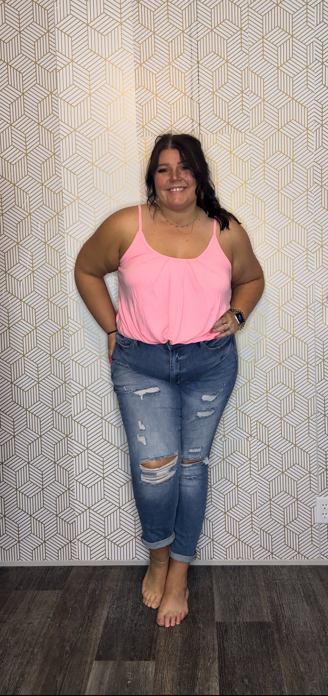 Bright Pink Pleated Flowy Tank Top