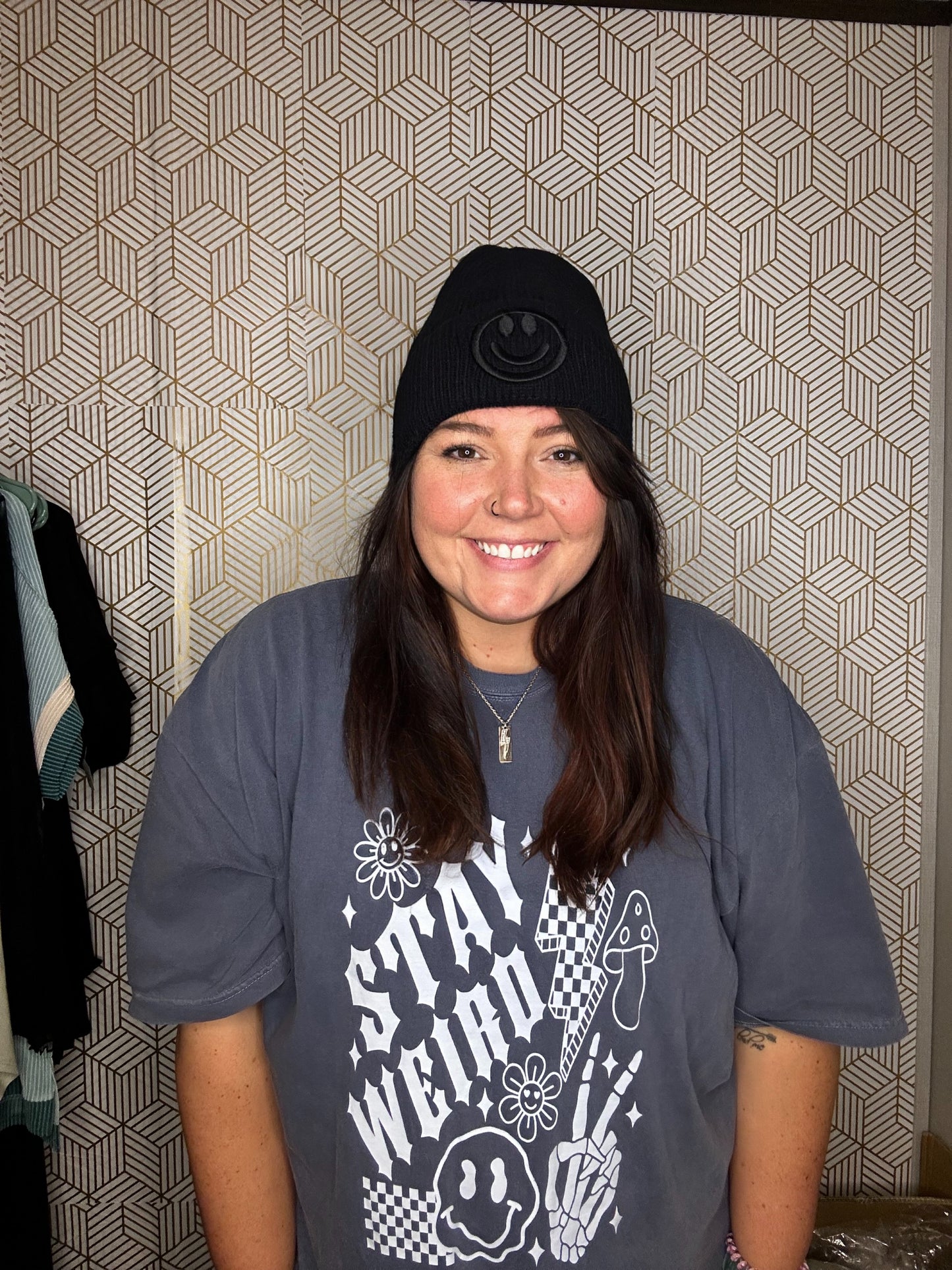 Smiley Face Embroidered Ribbed Knit Beanie