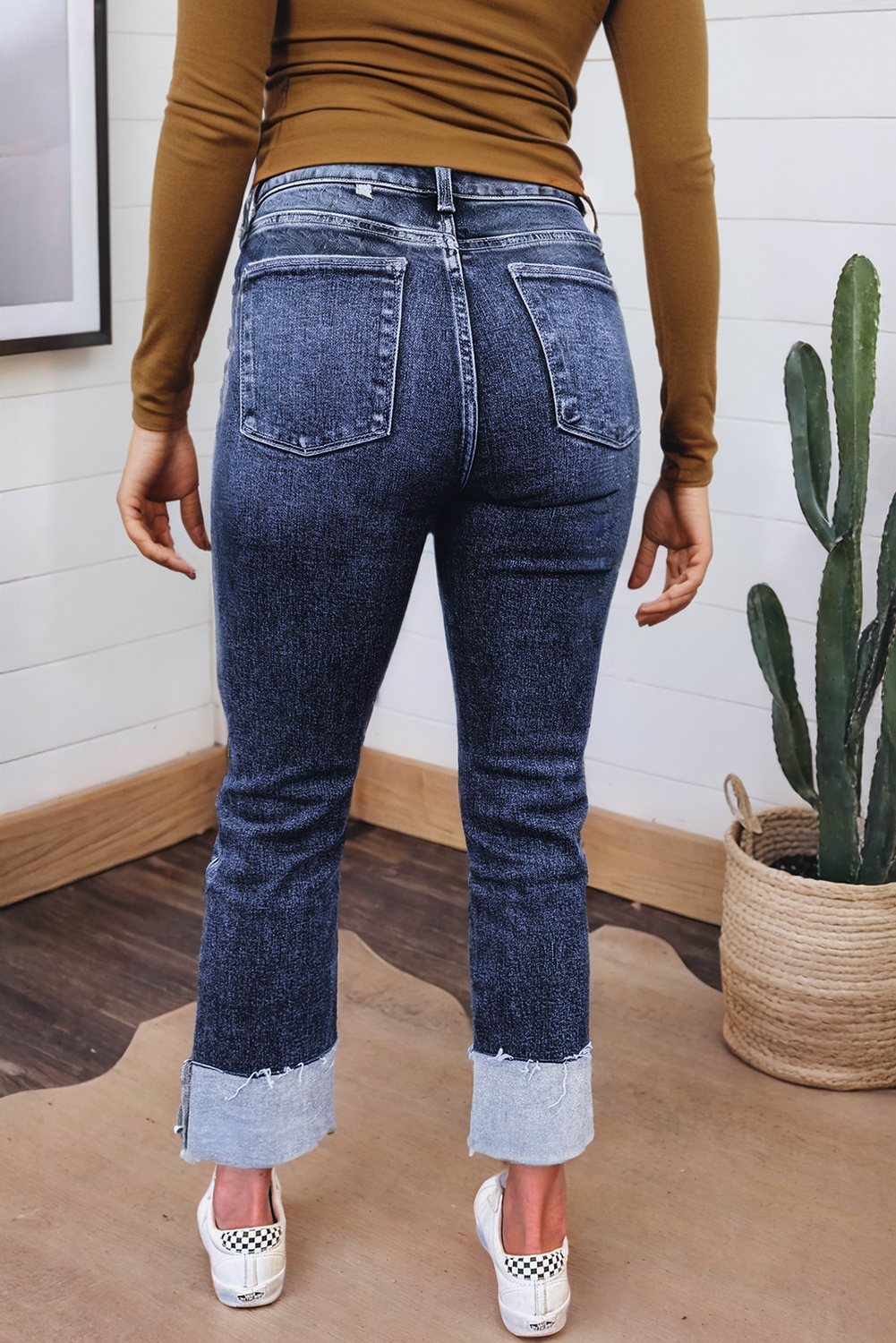 LAS Folded Cuffs Distressed Straight High Waist Jeans (4-16)