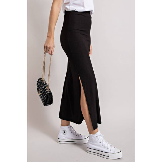 RIBBED KNIT MIDI SKIRT WITH SLIT