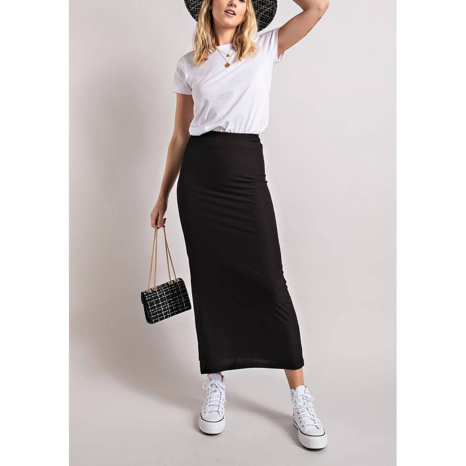 RIBBED KNIT MIDI SKIRT WITH SLIT