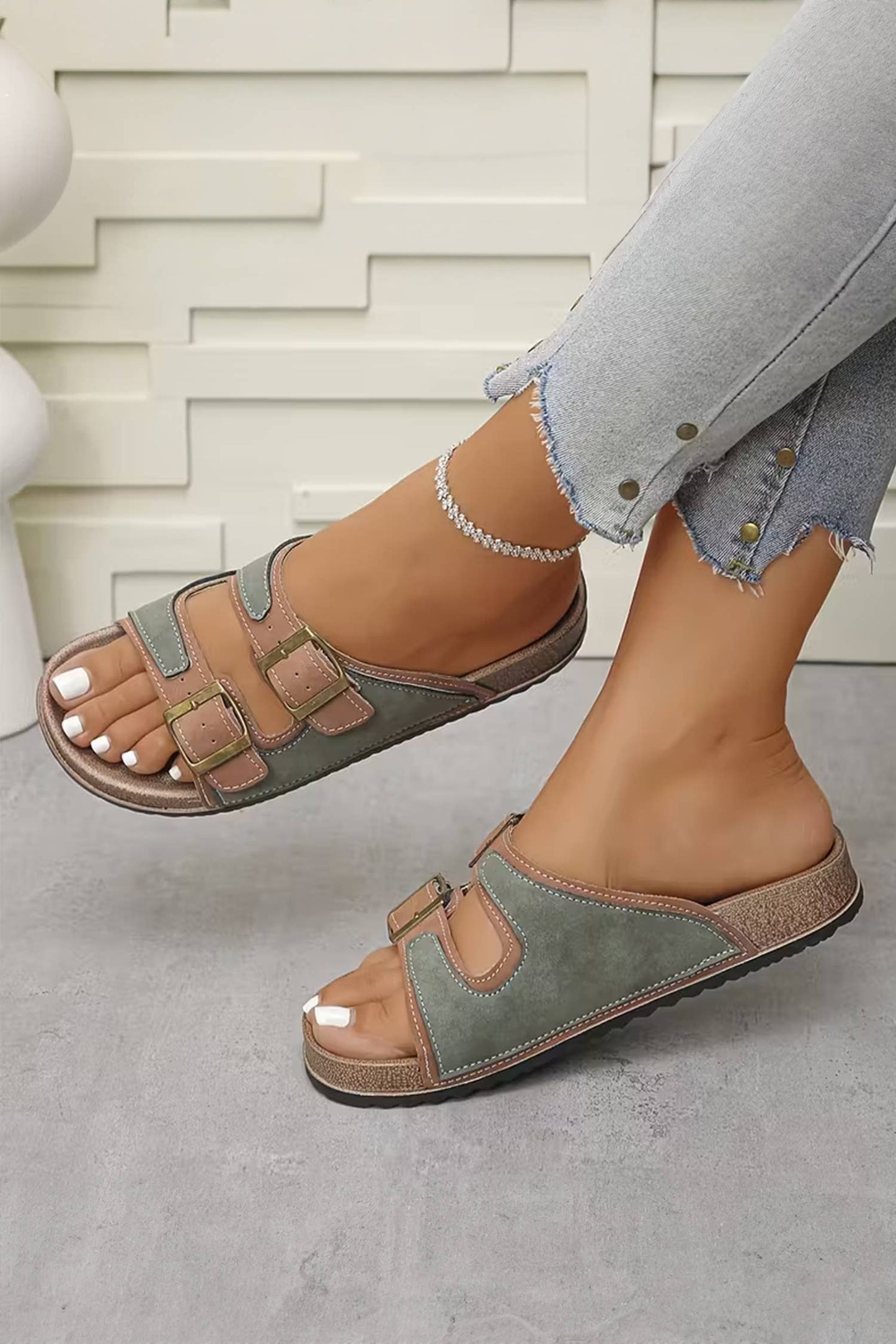 Embroidered Trim Retro Buckle Faux Suede Slippers
